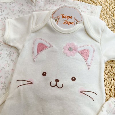 CONJ. DE MALHA 3 PEÇAS-Gatinha com Florzinha - Off White e Rosa